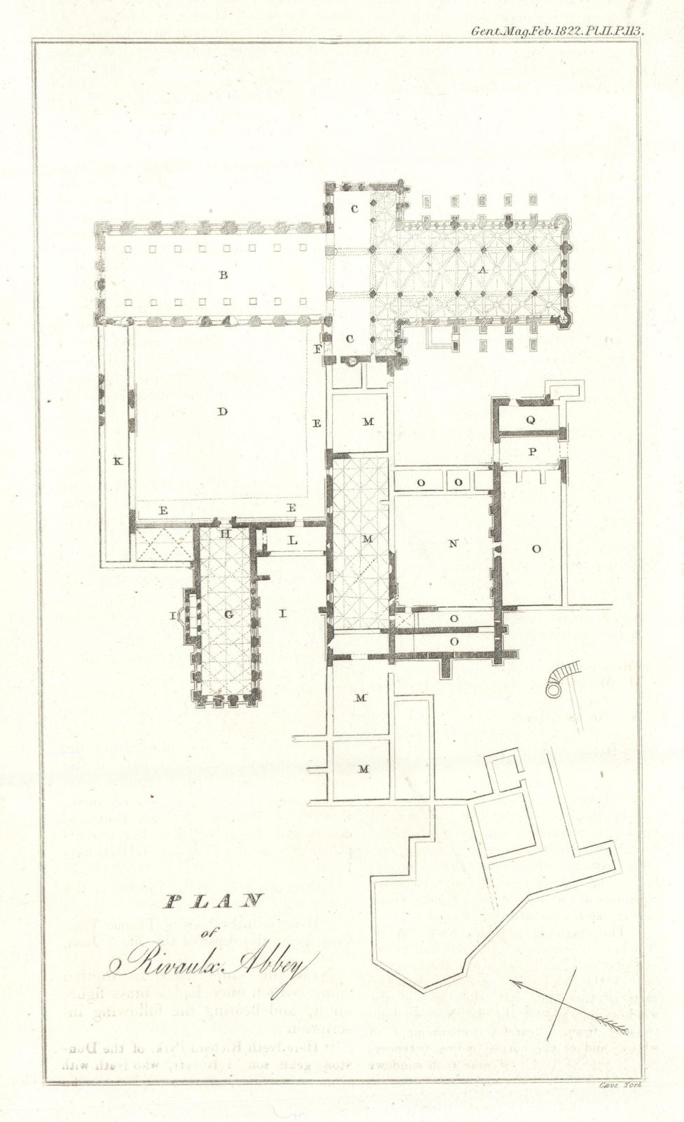 Plan of Rievaulx Abbey, Yorkshire 1822 old antique vintage print picture